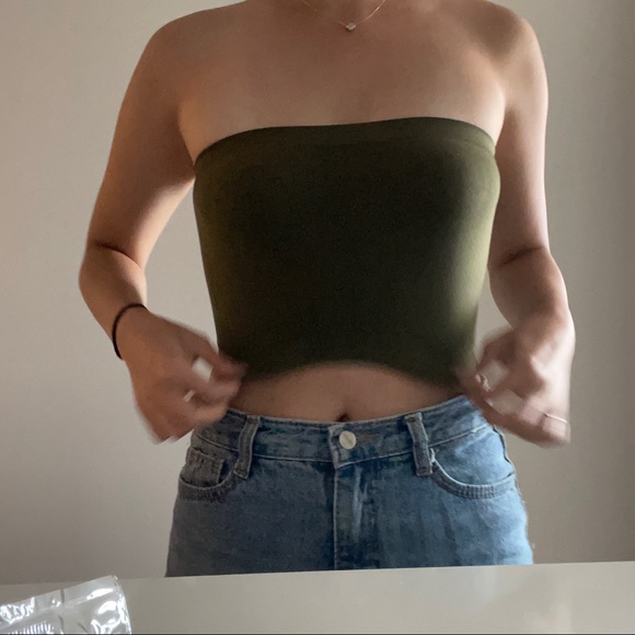 (NEW) Non-slip Stretchy Seamless Active Flexible Womens Band Tube Crop Top/Olive - Picture 3 of 10